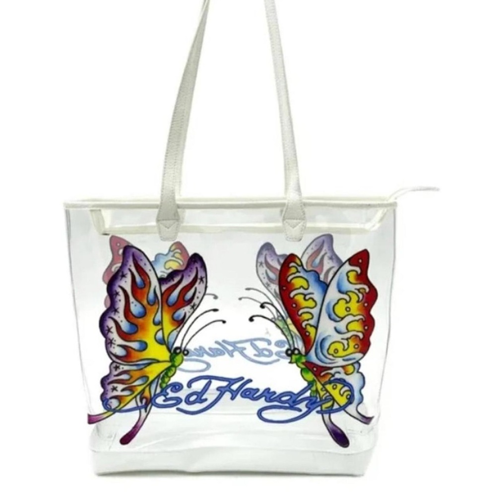NWT Ed Hardy Butterfly Graphic Vintage Y2K Clear Festival Large Tote Bag